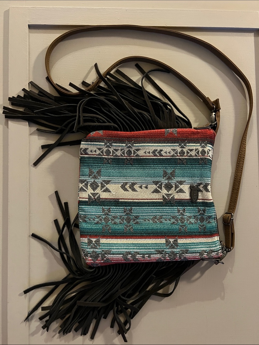 Justin Fringe Crossbody Bag with Turquoise Aztec Stripe Pattern